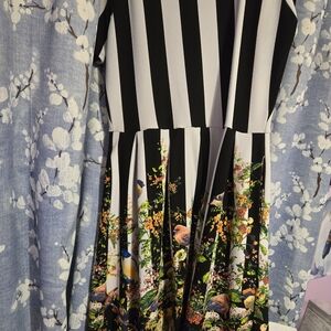 LuLaRoe Black and White Striped Midi Dress with Floral Design